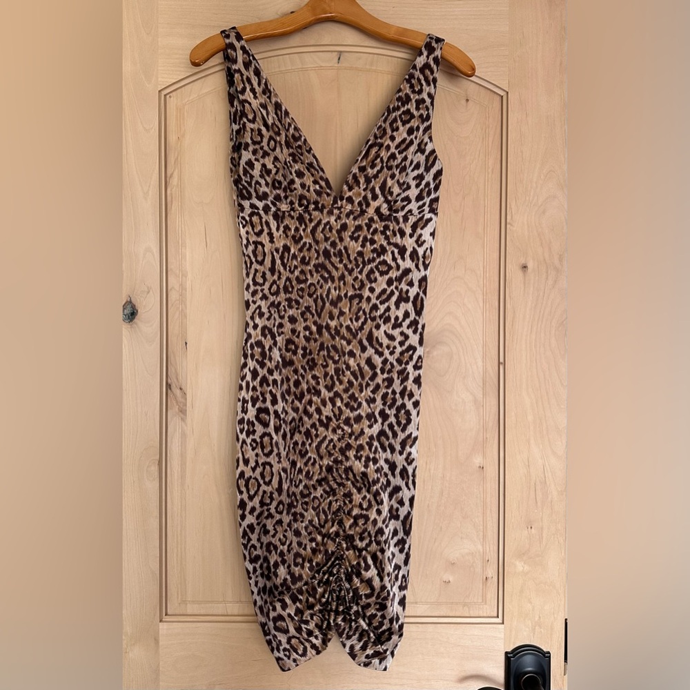 D&G Vintage Leopard Print V-Neck Ruched Satin Bodycon Dress